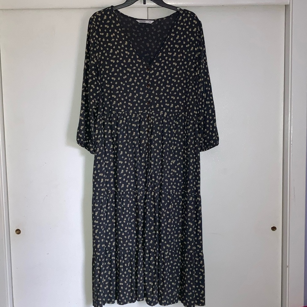 Sonoma peasant maxi length grey and floral print button down dress